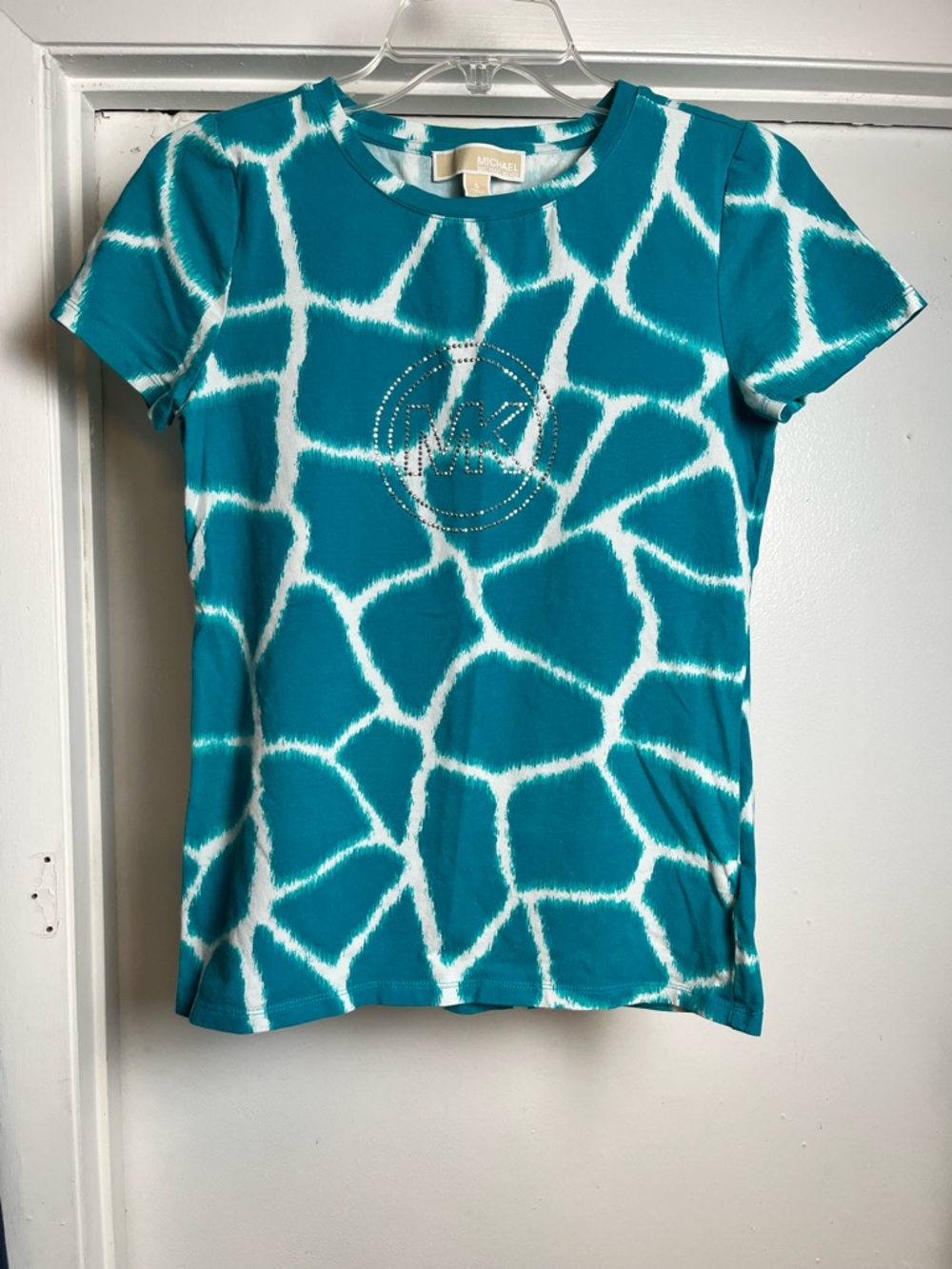 Michael Kors Teal & White Logo Rhinestone Short Sleeve Tee